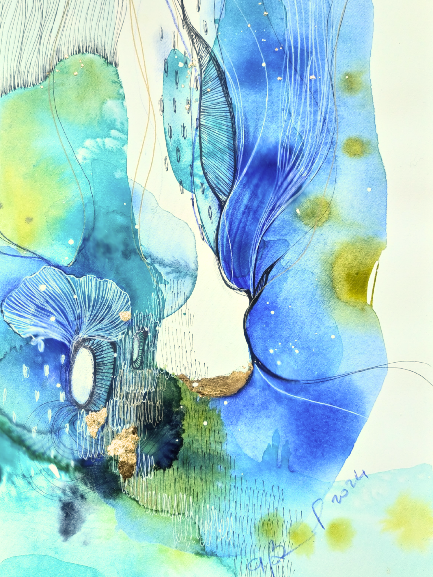 Il mio Cuore è Blu - 2024 A vibrant abstract watercolor with flowing blue and green tones and textured golden accents.