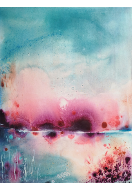 Luogo Interiore Abstract watercolor landscape with soft pink and blue hues blending into a serene scene.