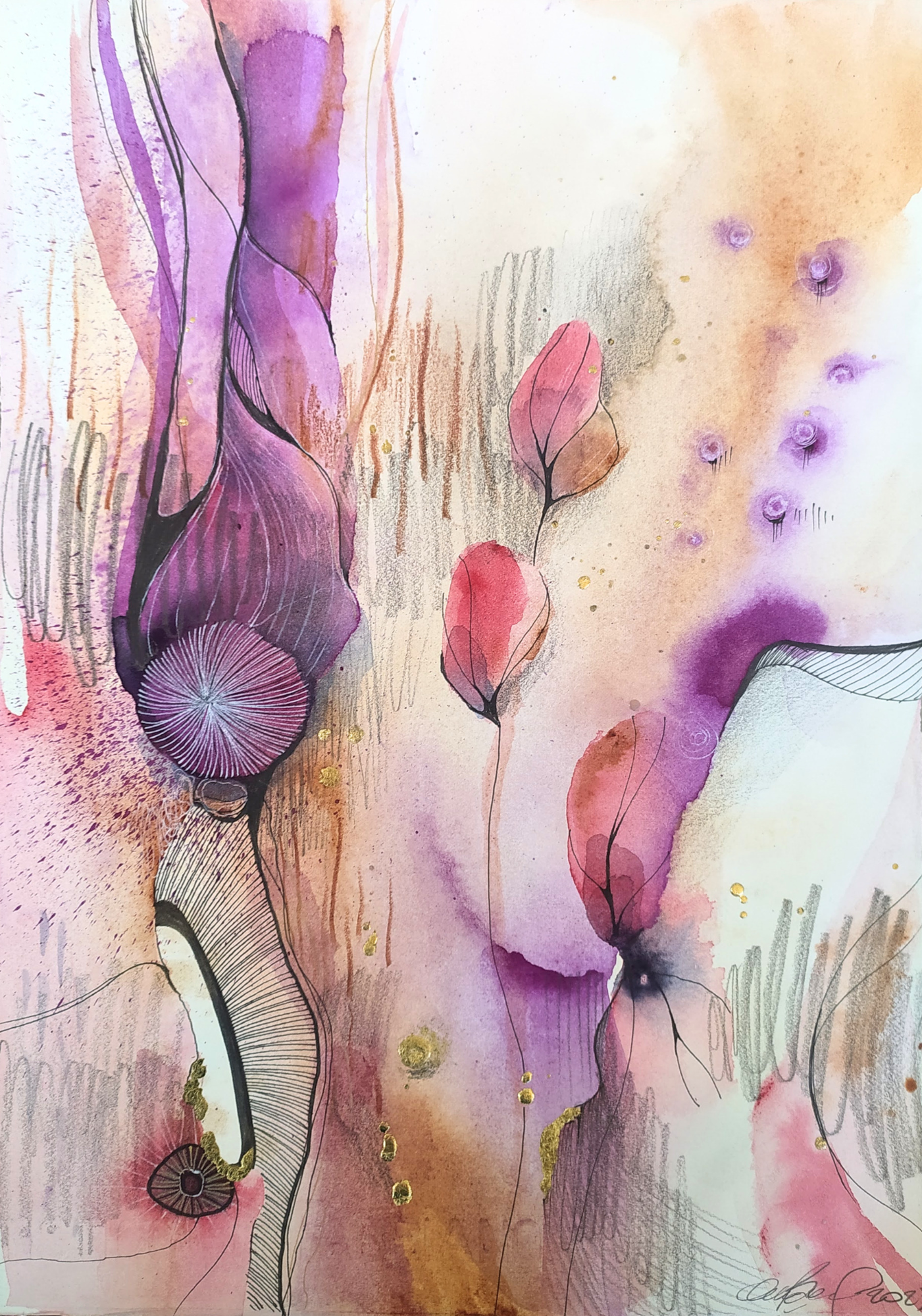 FEMININITY - 2023 Abstract watercolor artwork featuring flowing shapes and gentle floral motifs in shades of pink and purple.