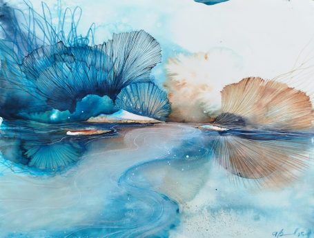 Distanza Morbida Astral abstract painting with blue and brown hues, resembling water and organic shapes.
