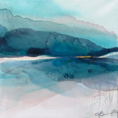 Acque Lontane II - Triptych Abstract watercolor landscape with blue and green hues and soft, layered mountain shapes.