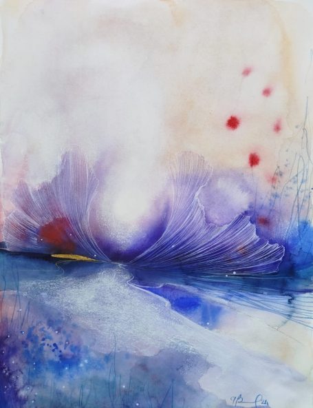 Volo Rubino Abstract watercolor artwork featuring soft purple and blue hues with red accents.