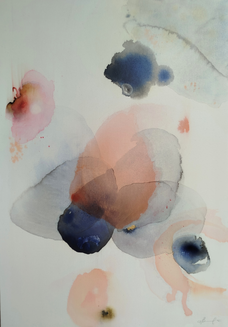 Note Sottili Abstract watercolor composition with soft shapes in muted colors like blue, pink, and beige.