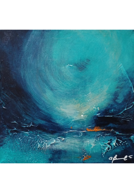 On My Skin III - Triptych Astral abstract artwork with swirling blue and teal hues and subtle orange accents.
