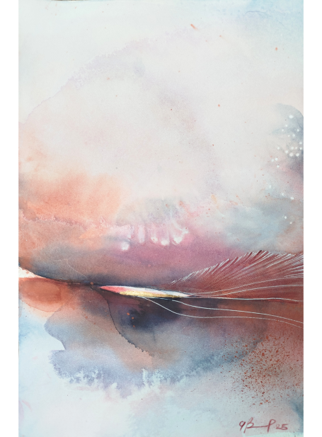 Origine Astral watercolor composition with soft hues and abstract shapes blending harmoniously.