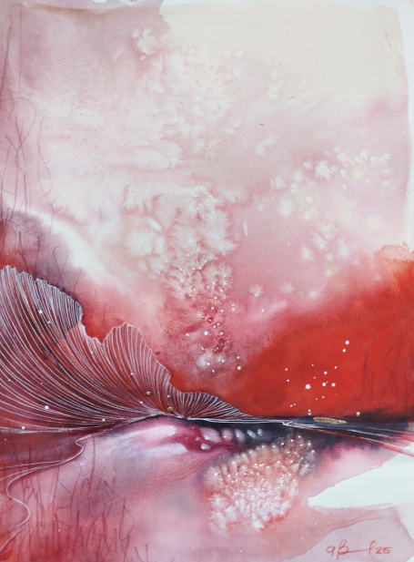 Rosso di Sera Abstract artwork featuring fluid red and pink tones with delicate textures and patterns.