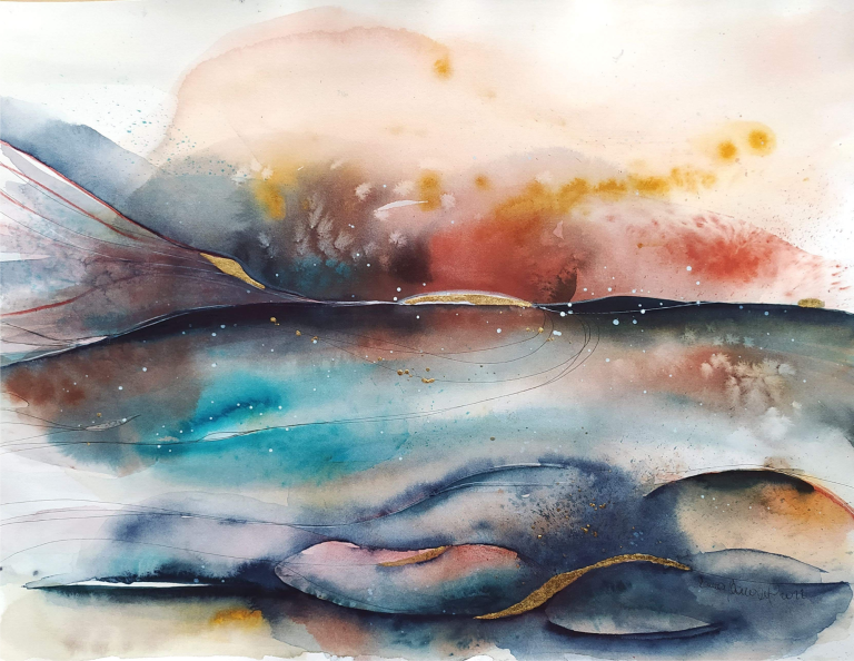 CAOTICHE VIBRAZIONI - 2022 Colorful abstract watercolor depicting a fish in swirling blue and earthy tones.