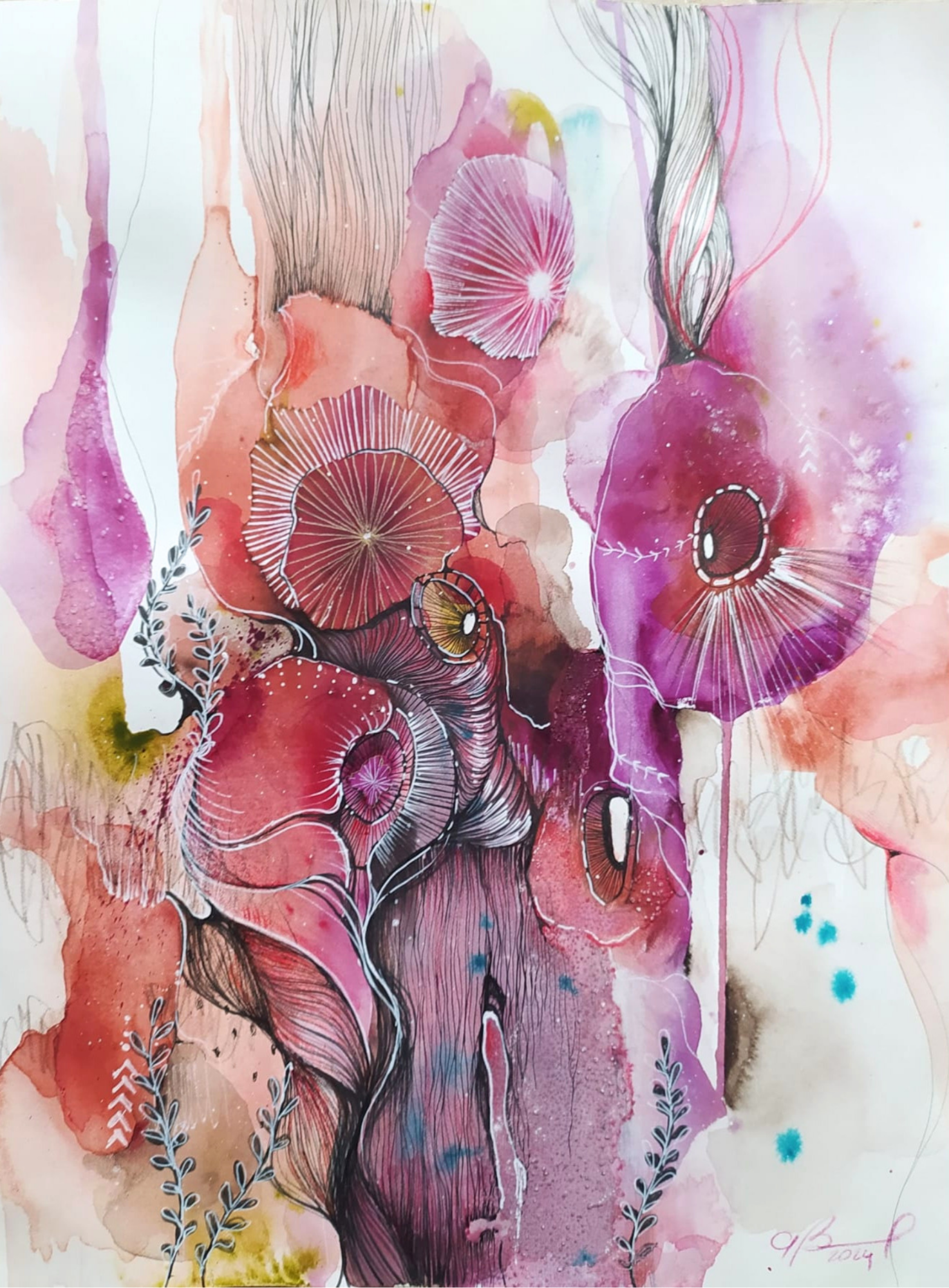 La Porta Nascosta - 2024 Colorful abstract composition featuring pink and purple floral elements.
