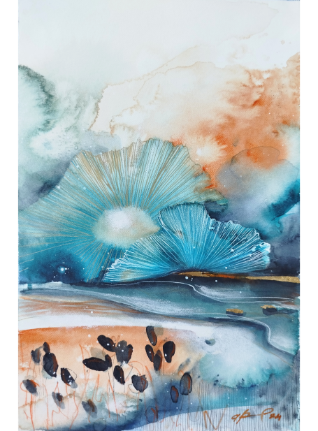 Petali Neri Colorful abstract artwork featuring blue and orange floral shapes and flowing textures.