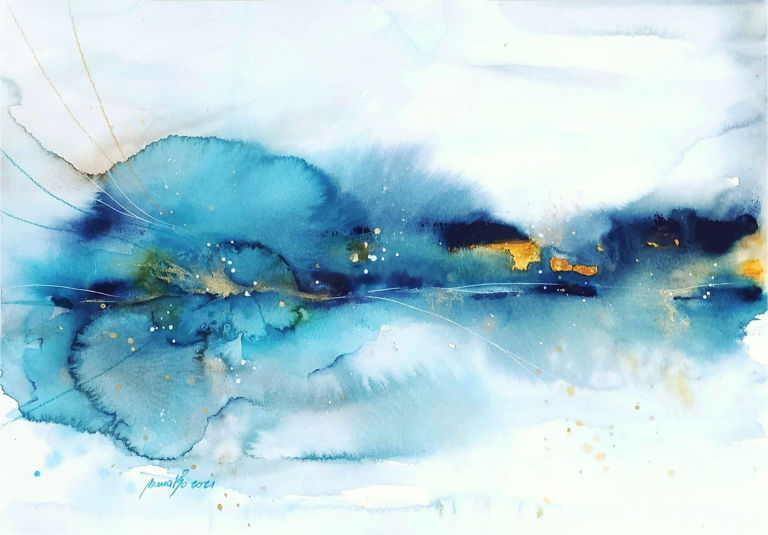 MEMORIA DI UNO SPECCHIO - 2021 Astratto in blu e oro con sfumature morbide e fluidi elementi acquatici.