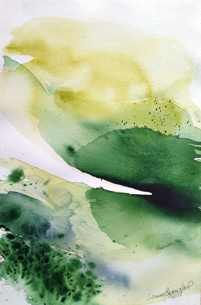 VERDE, FIATO DEL BOSCO - 2022 Abstract watercolor with soft yellow, green, and blue strokes blending harmoniously.
