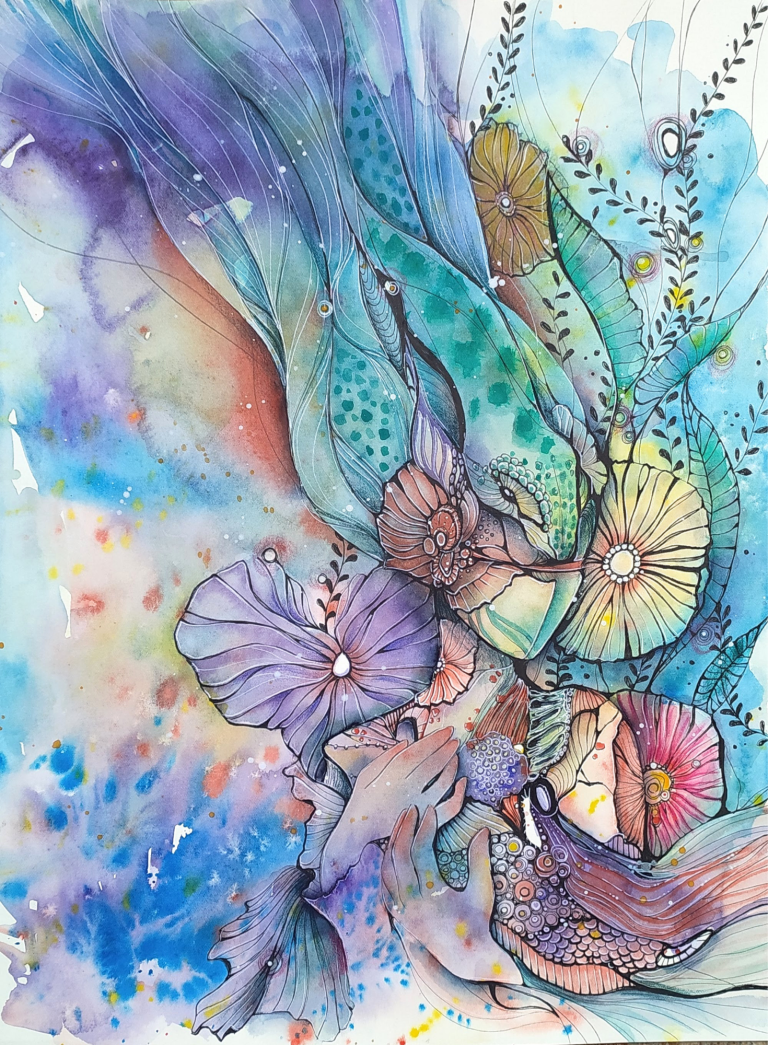 AUTORITRATTO - 2021 Colorful abstract watercolor artwork featuring flowing shapes and floral elements.