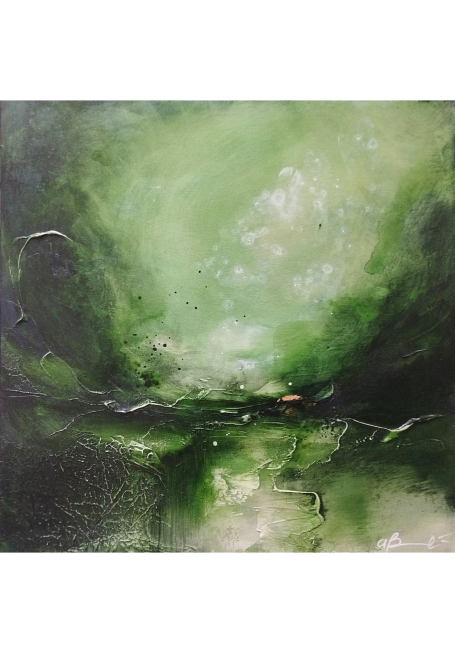 Quiet Green I - Triptych Texture-rich abstract painting in shades of green with dark swirls and light accents.