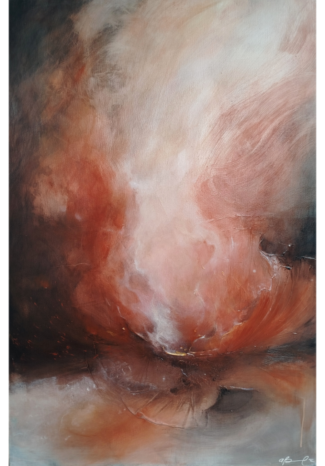 Scintilla Abstract artwork with swirling reds, oranges, and dark tones creating a dynamic composition.
