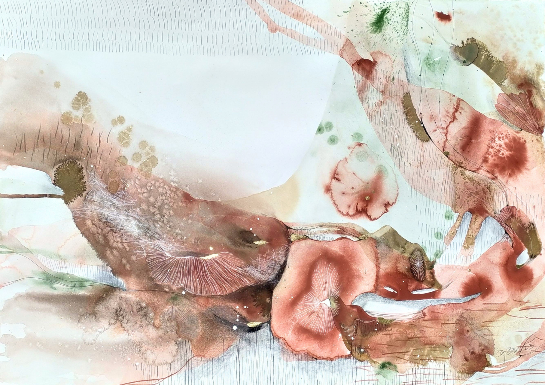 CONTACT - 2023 Abstract watercolor composition with soft hues of brown, green, and hints of pink.