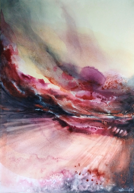 Ovunque Tu Voglia Ovunque Tu Voglia by Anna Barone, Paesaggio astratto materico nei toni del rosso e del magenta con movimento ascendente.