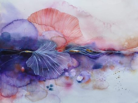 Ametista Astic abstract watercolor artwork featuring soft, flowing shapes in shades of purple and pink.