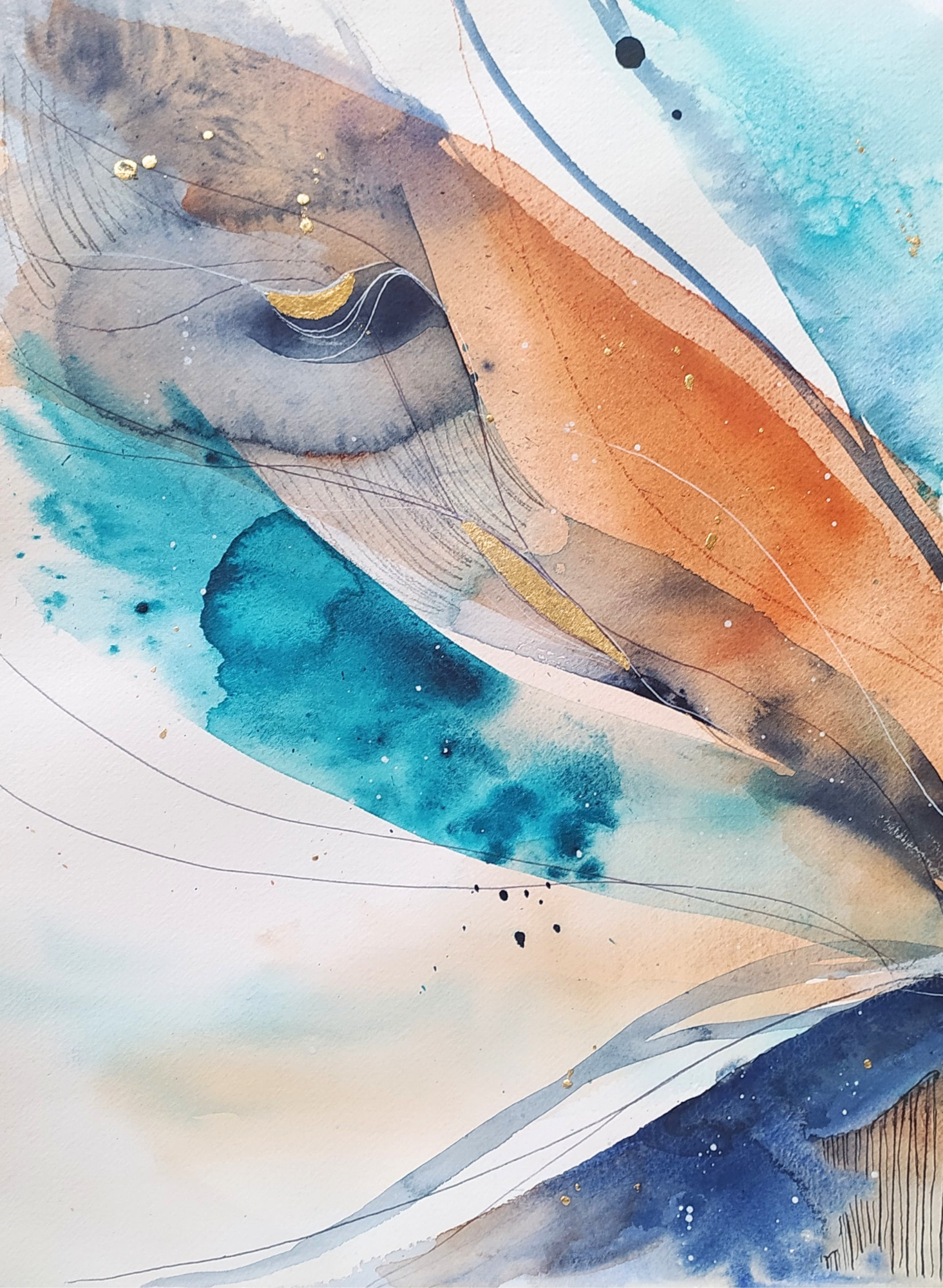 Magical Waves 2/2 - 2023 Abstract watercolor artwork featuring soft blue, orange, and white tones with flowing shapes.