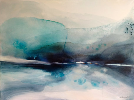Serena Nostalgia A serene abstract landscape with blue and teal hues reflecting on a calm surface.