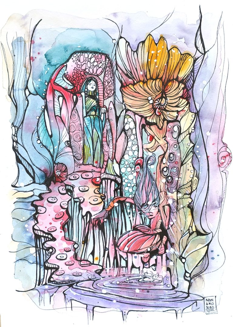 VERITÀ NASCOSTE - 2020 Colorful abstract artwork featuring flowers and whimsical forms in vibrant hues.