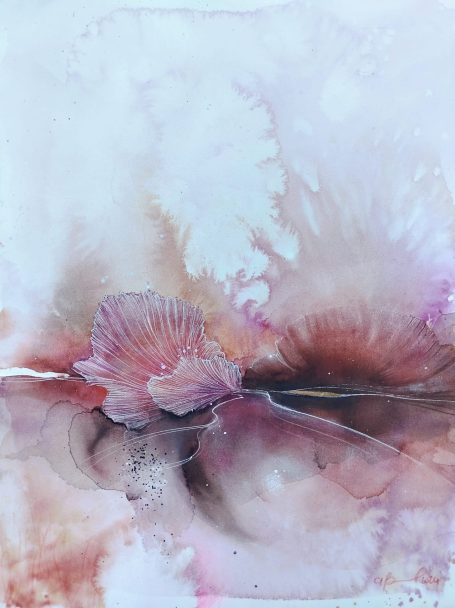 Dolce Tepore Abstract watercolor with soft pink and white hues, featuring delicate floral shapes.