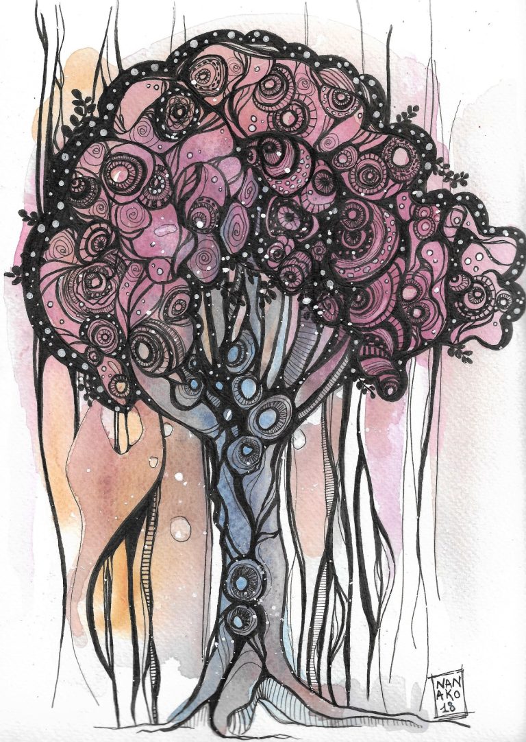 PINK TREE - 2018 Albero stilizzato con foglie rosa e blu su sfondo astratto e colori tenui.