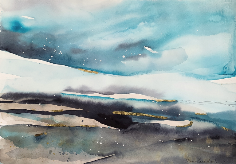 SILENZIO - 2021 Abstract watercolor landscape with shades of blue, gray, and hints of gold.