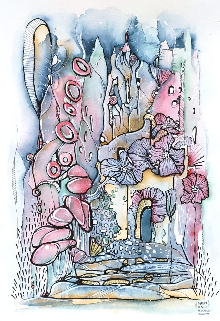 LOVELY PLACE - 2020 Colorful whimsical landscape with abstract structures and vibrant foliage.