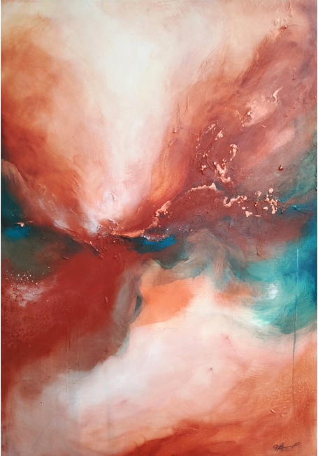 Quasi Luce Abstract watercolor artwork with swirling shades of red, orange, and blue.
