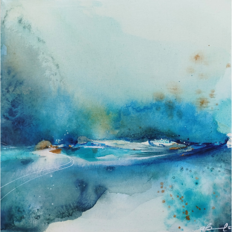 Luce in Ascolto I - Triptych Abstract watercolor painting featuring blues and greens, depicting a serene seascape.