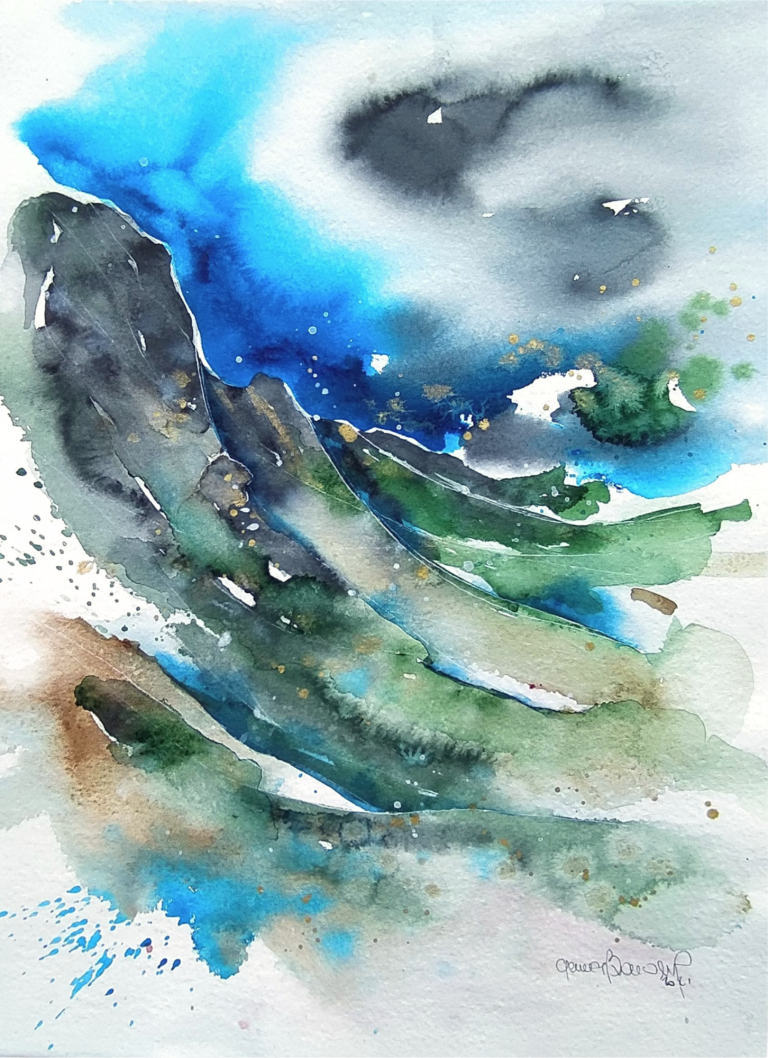 SOTTO I CIELI D'IRLANDA - 2021 Watercolor painting featuring abstract waves in shades of blue, green, and gray.