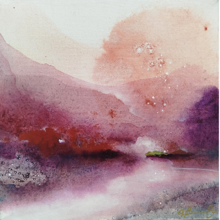 Rosa Languido III - Triptych Paesaggio acquatico con sfumature di rosa e viola, riflessi sereni sull'acqua.