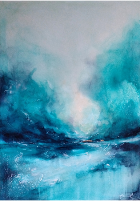 Poesia d'Inverno Abstract painting with shades of blue and turquoise, depicting a serene landscape.