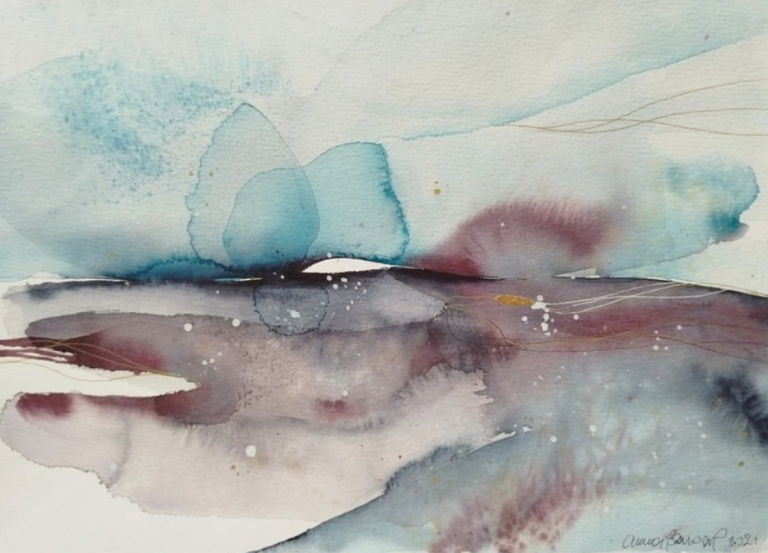 IL BACIO DEL VENTO - 2021 A soft, abstract watercolor landscape with blue and brown hues blending harmoniously.