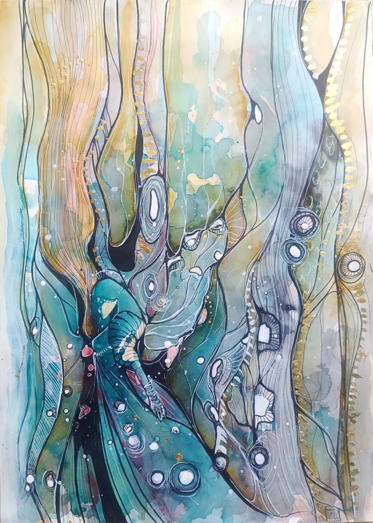 LA FATA - 2020 Abstract artwork featuring flowing shapes in teal, gold, and hints of white, resembling underwater flora.