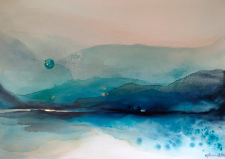 Laguna A serene abstract landscape with blue and teal tones, featuring soft gradients and minimal details.