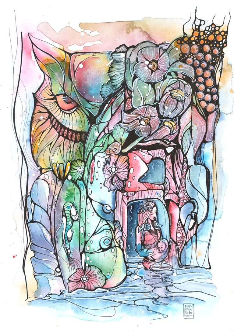 PORTAFORTUNA - 2020 Colorful abstract artwork featuring an owl, flowers, and whimsical shapes.