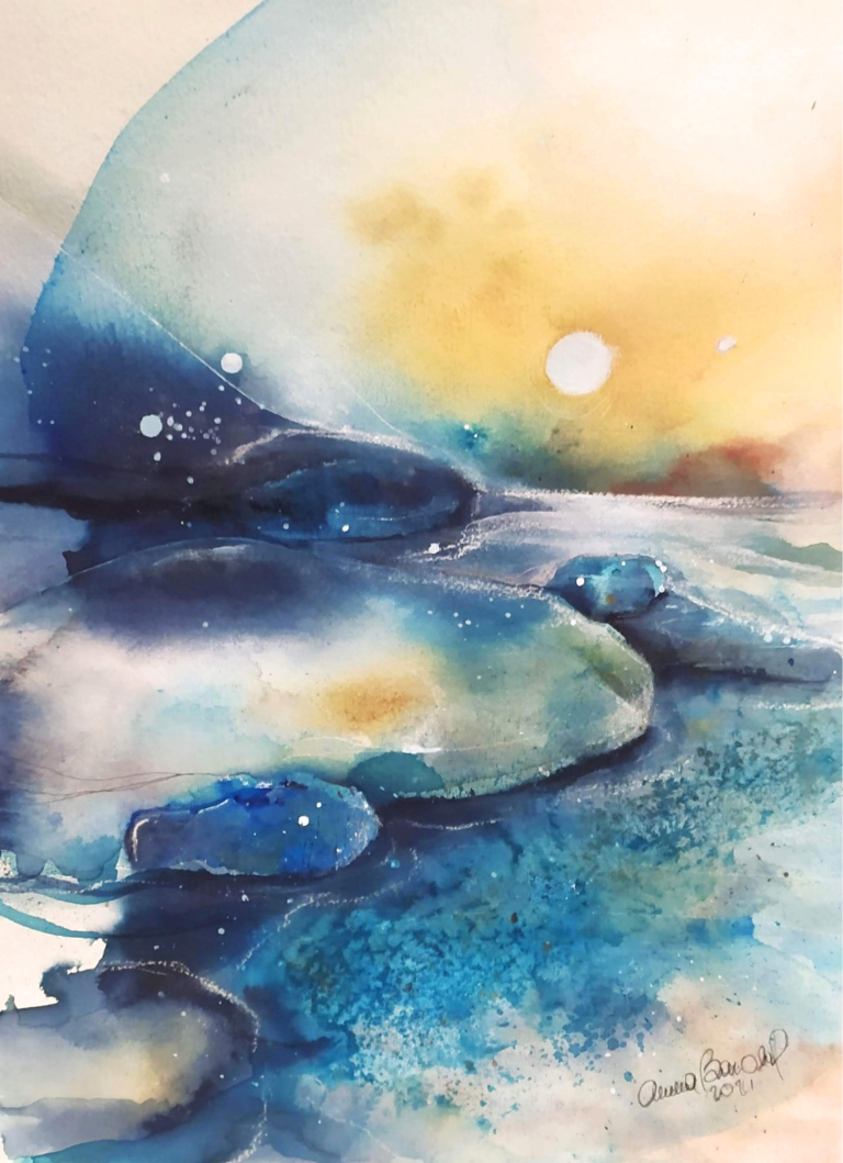 LUX - 2021 Abstract watercolor depicting a serene seascape with blue tones and a soft, golden sunrise.