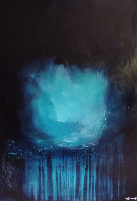 Flebile e Necessario Abstract artwork featuring deep blues and blacks, resembling a moody night scene.