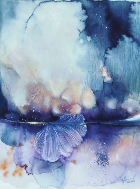 Incanto Watercolor abstract artwork featuring purple tones and delicate floral shapes.