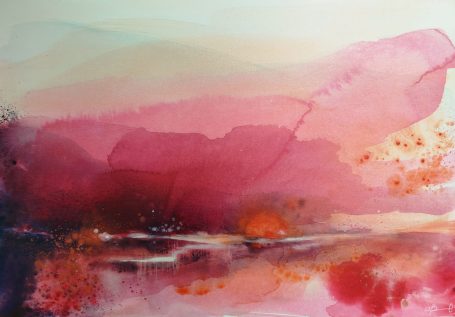 Prima che la Notte Sorga Acquerello astratto con tonalità di rosa, arancione e sfumature sottili.