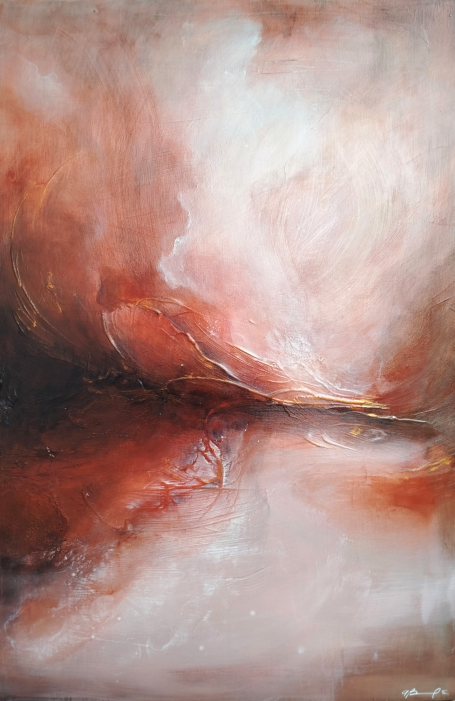 Sinestesia di una Goccia Sinestesia di una Goccia by Anna Barone,Paesaggio astratto materico nei toni del rosso e dell'ocra con una linea d'orizzonte luminosa.