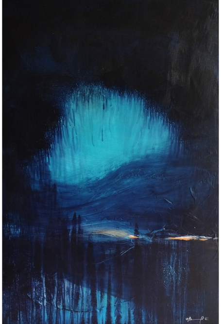 Nonostante tutto Abstrakte Landschaft mit tiefblauem Himmel und dunklen Schatten eines Waldes.