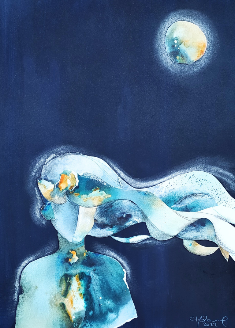 NOTTURNO N°2 - DREAMERS - 2022 Abstract illustration of a figure with flowing hair, accompanied by a moon and Earth in the background.