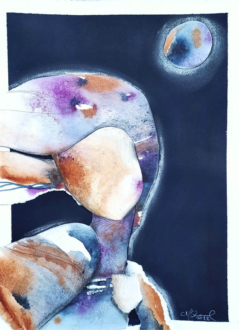 NOTTURNO N°3 - DREAMERS - 2022 Abstract watercolor depicting a figure gazing at a distant moon against a dark background.