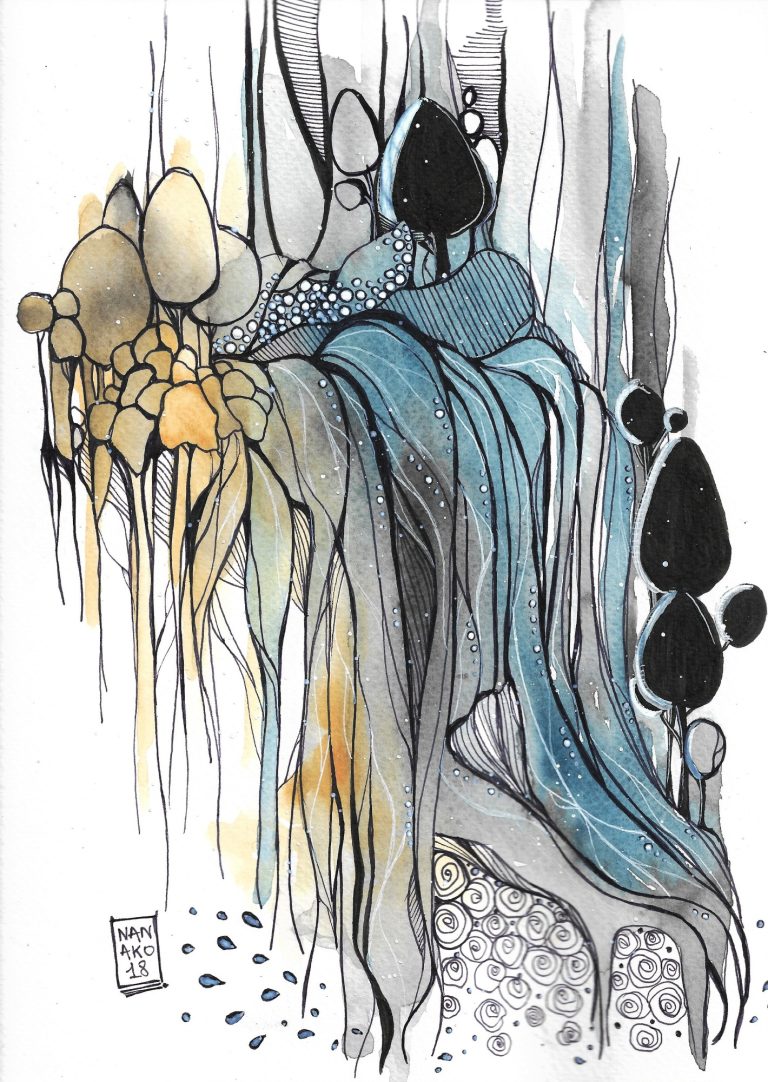 WATERFALL - 2018 Astratto con forme fluide e colori blu, grigi e neri che evocano movimento e texture.