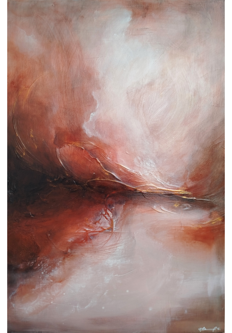 Sinestesia di una Goccia Astratto dipinto con tonalità di rosso e bianco, evocando un paesaggio sereno e misterioso.