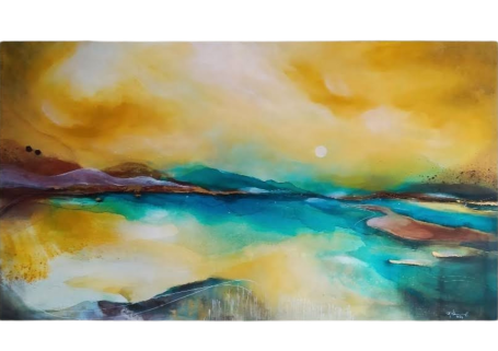 New Day Abstract landscape with vibrant yellow, teal, and brown hues reflecting on water.