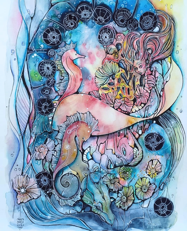 ABISSI - 2021 Colorful underwater scene with seahorses, flowers, and abstract patterns.