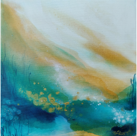 Soffio di Terra Astral landscape with swirling shades of blue and gold, evoking tranquility and depth.